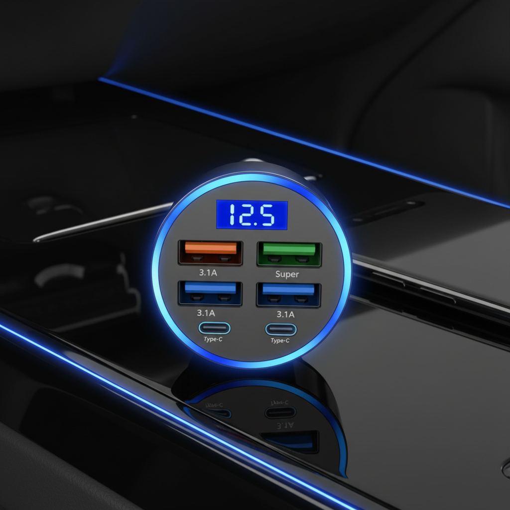 Close-up of the charger on a glossy car console