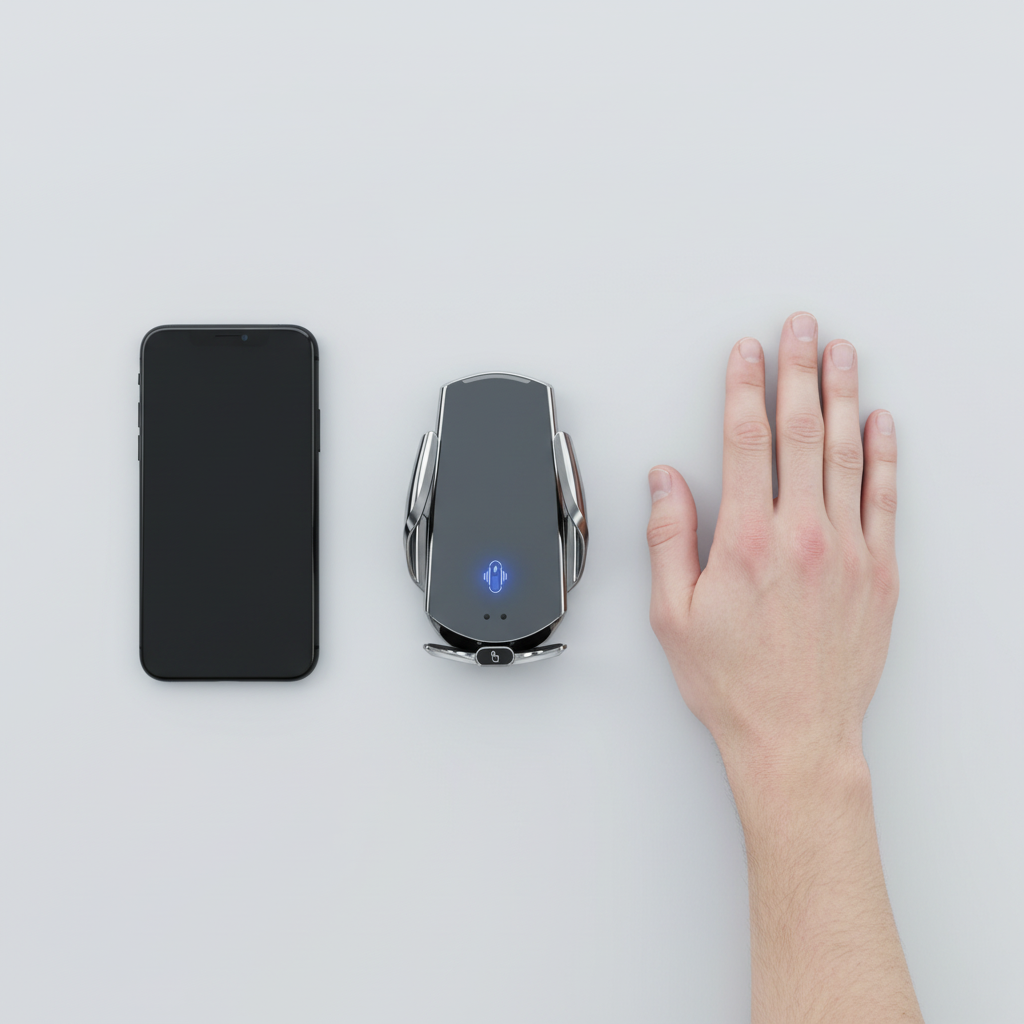 Automatic wireless car charger beside a smartphone and hand for size comparison