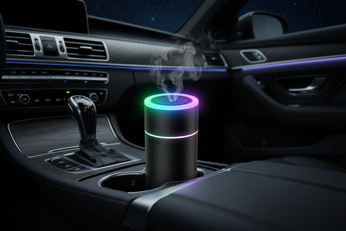 In-car lifestyle shot of smart aroma diffuser